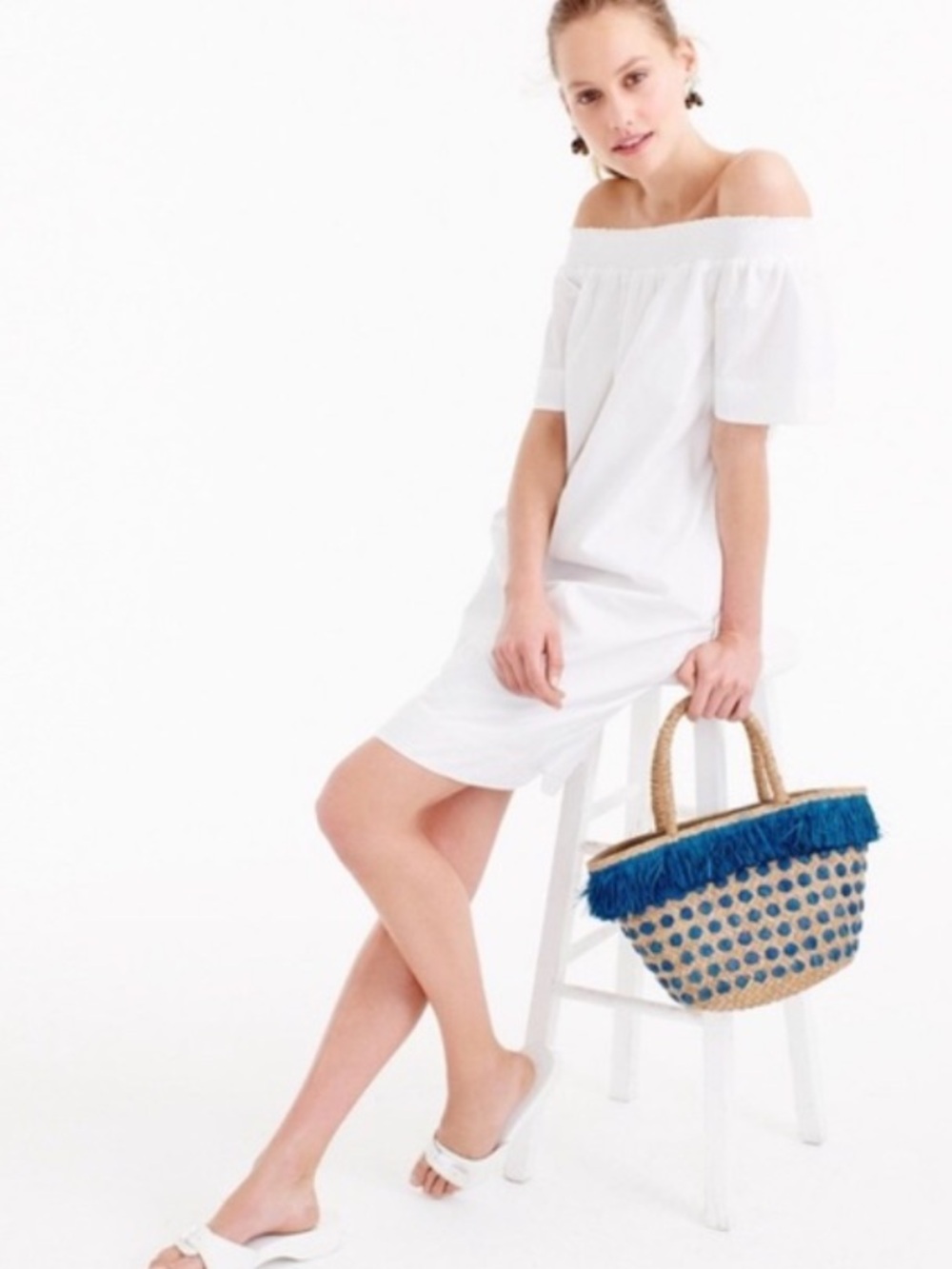 J.CREW Cotton Poplin Dress White Off The Shoulder Size 12